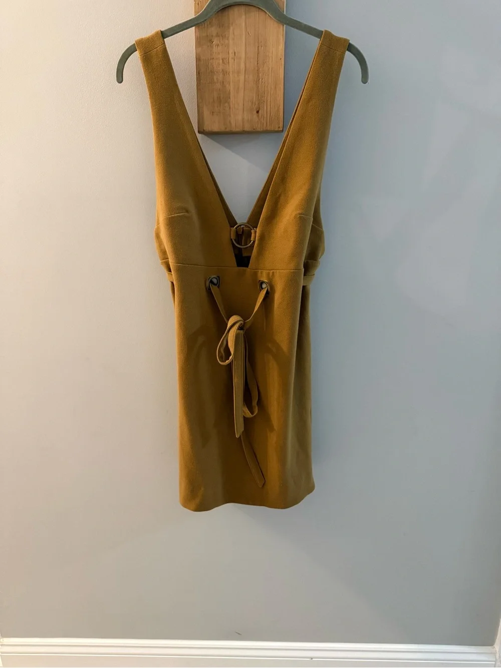 FREE PEOPLE Mustard-Brown Suede Feel Deep-V Dress w Grommets & Tie Waist, S